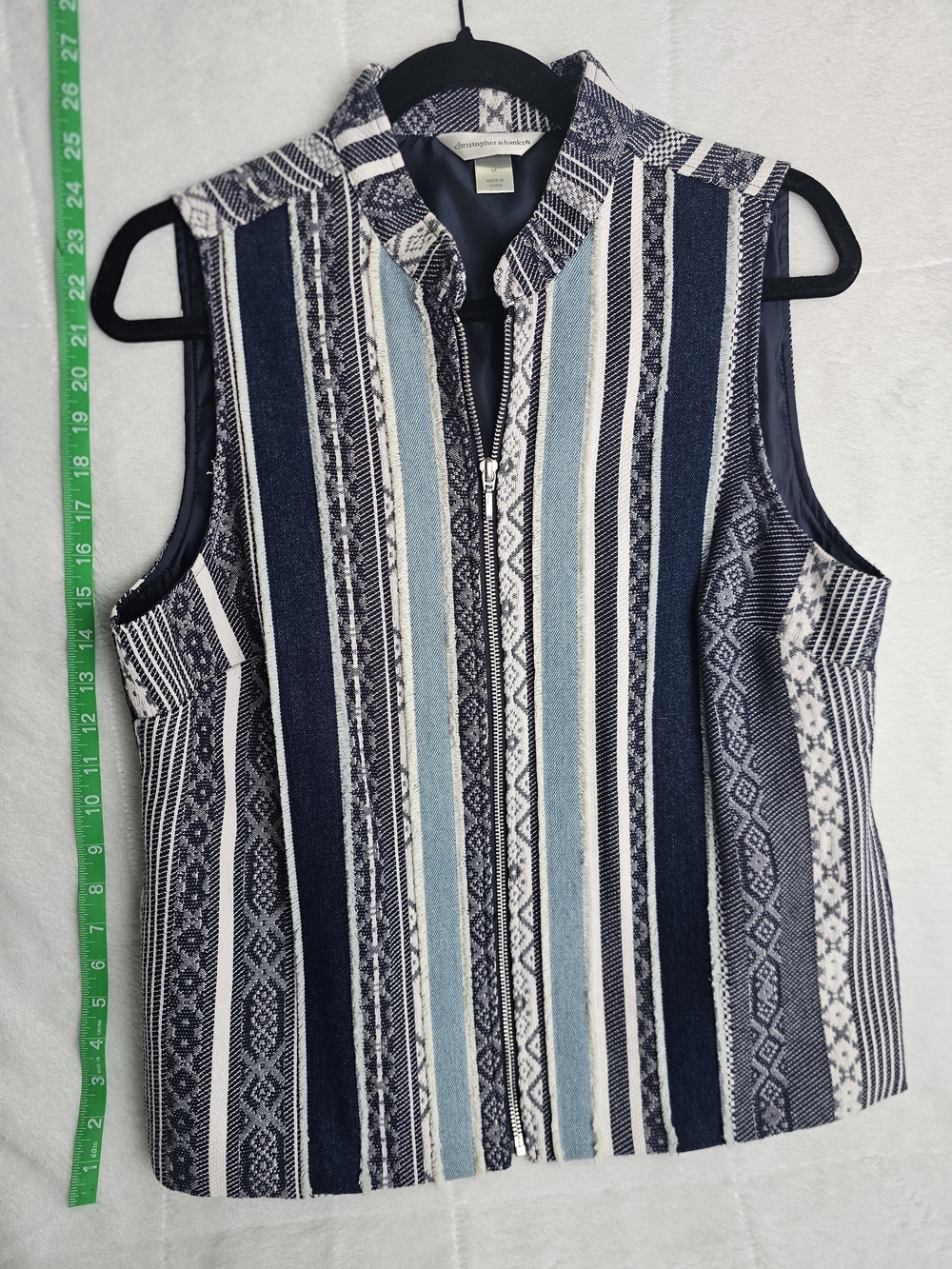 Christopher & Banks Medium Zip-Front Sleeveless Vest in Navy & Light Blue Denim